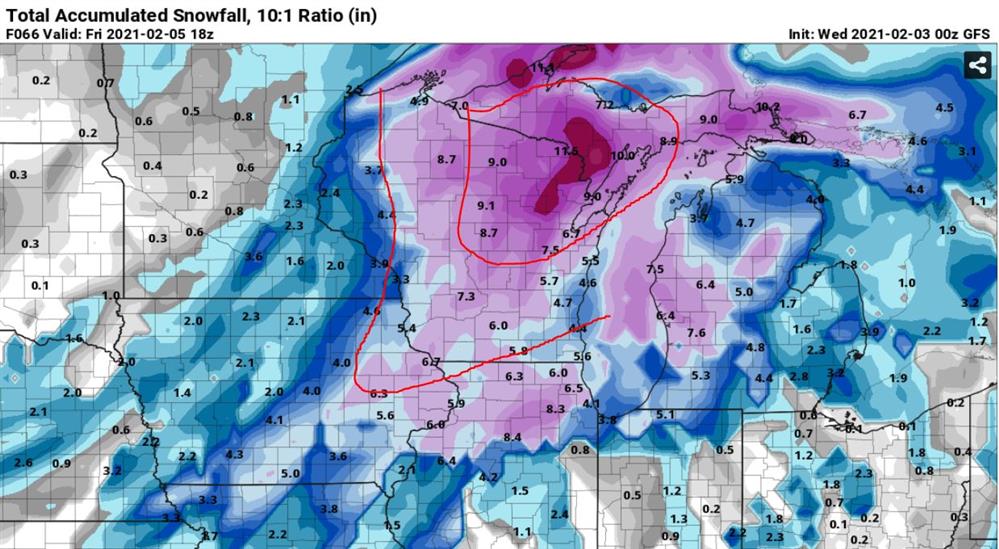 00GFS model simulated snowfall at 10:1. Red lines mark rough 3-6